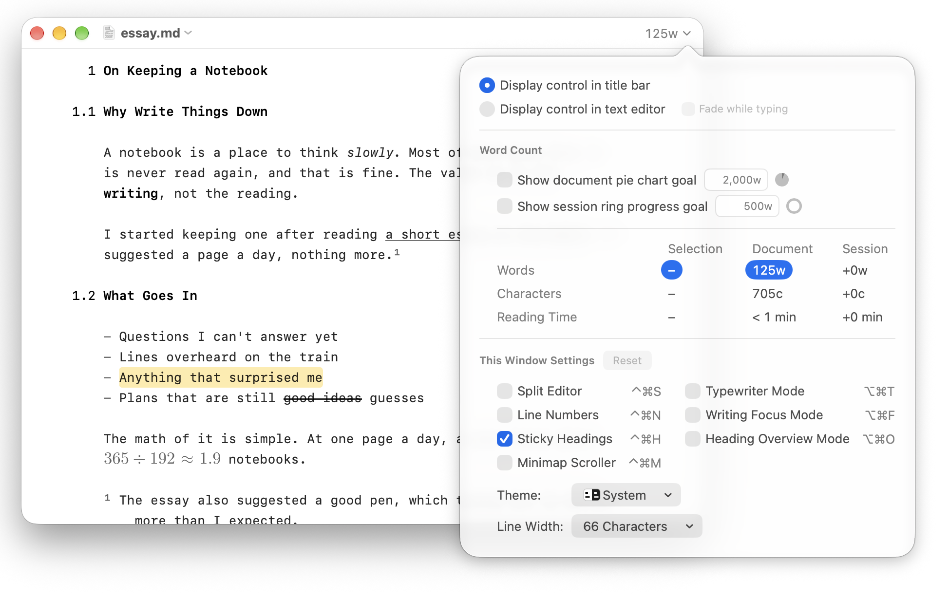 The count popover open below the title bar count, with its Word Count table and This Window Settings