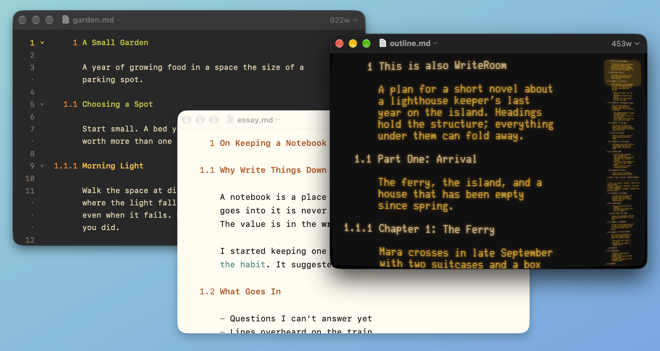 Three windows, each with its own theme, appearance, text size, line numbers or minimap