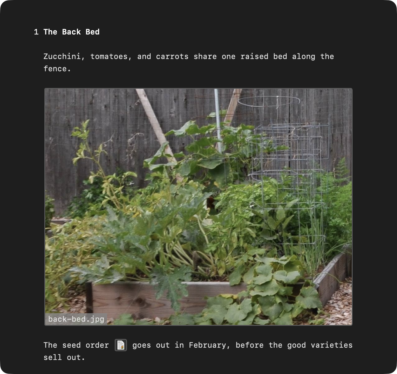 A photo attached on a line of its own, framed with its file name, and an RTF file's icon inside a sentence
