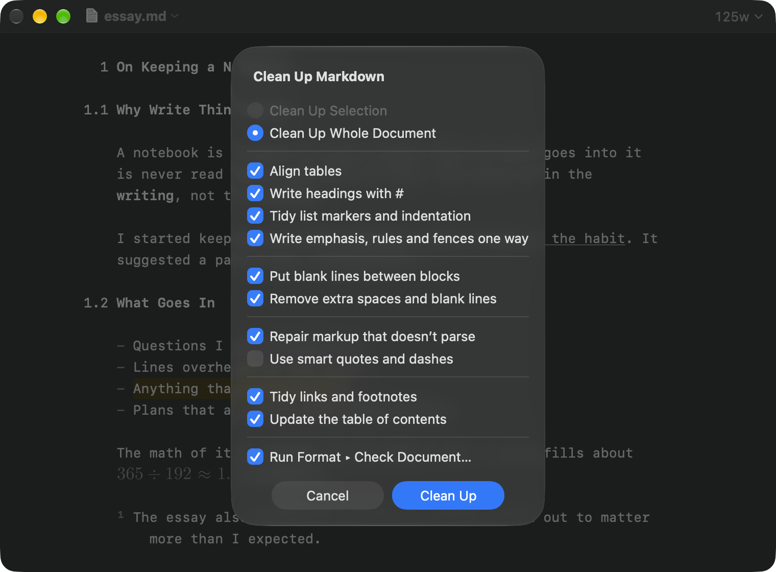 The Clean Up Markdown sheet