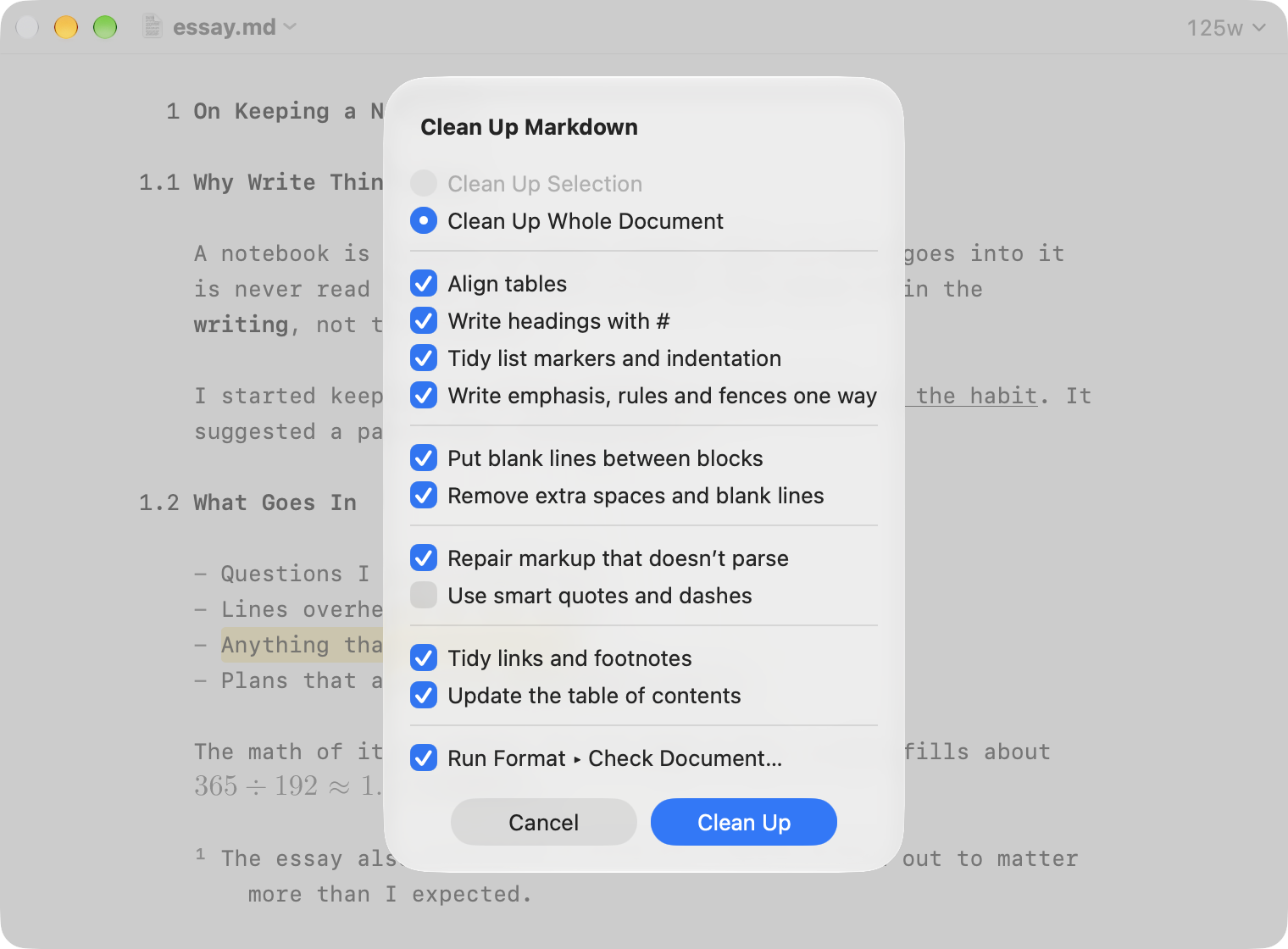 The Clean Up Markdown sheet