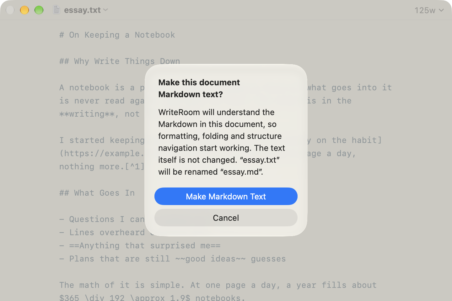 Format > Make Markdown Text asks first