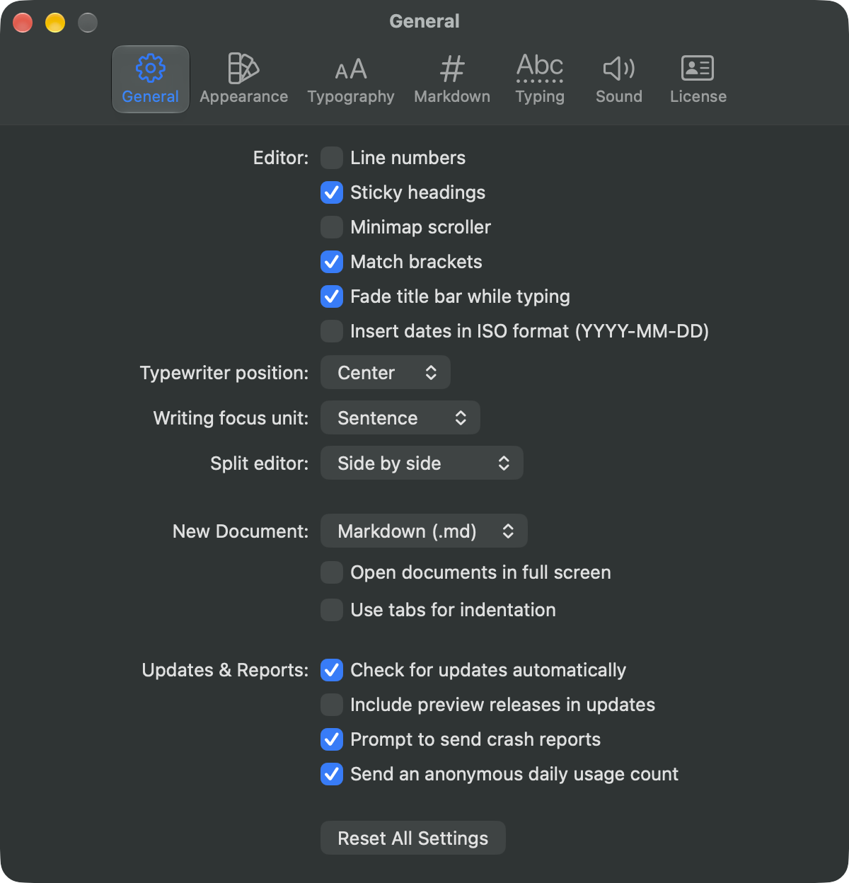 The General pane of the Settings window