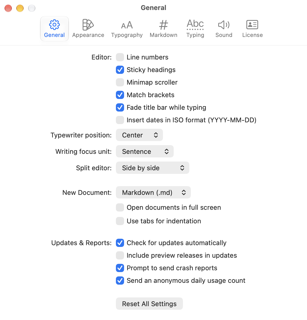 The General pane of the Settings window