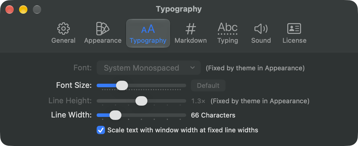 The Typography pane of the Settings window