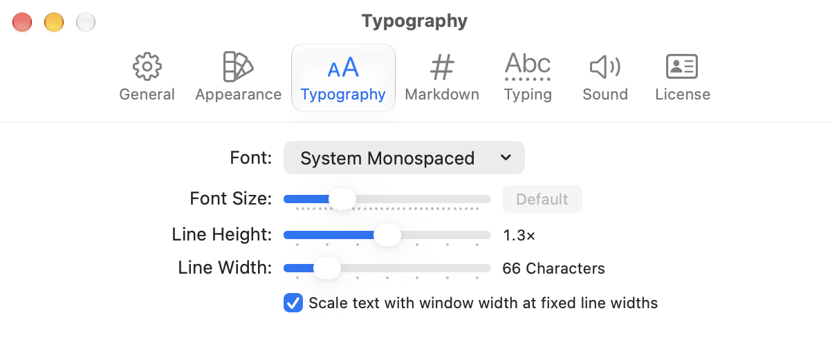 The Typography pane of the Settings window