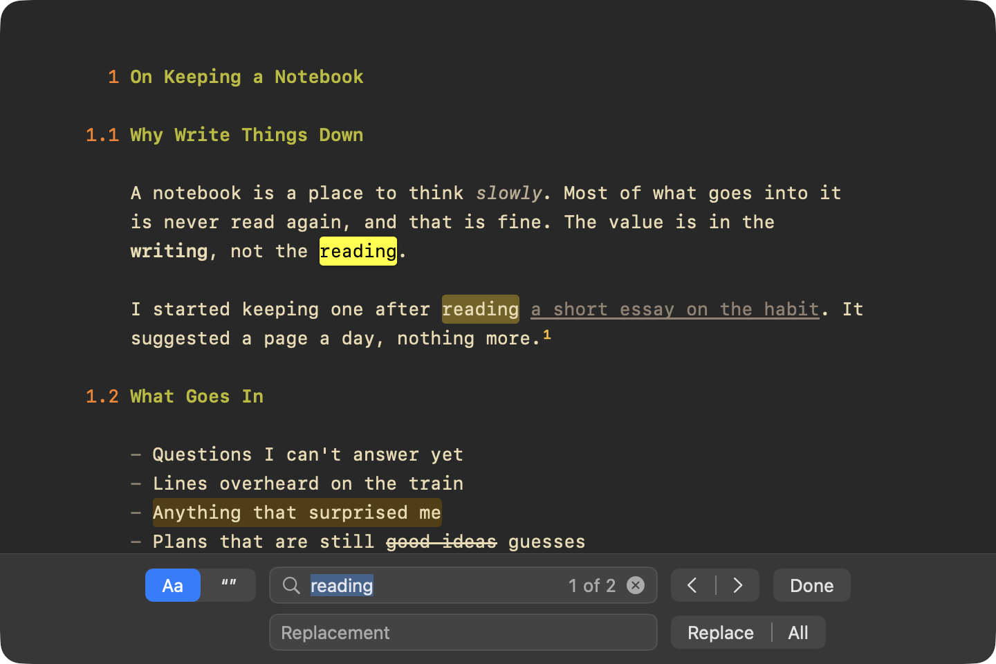 The find bar searching for a word, its matches highlighted