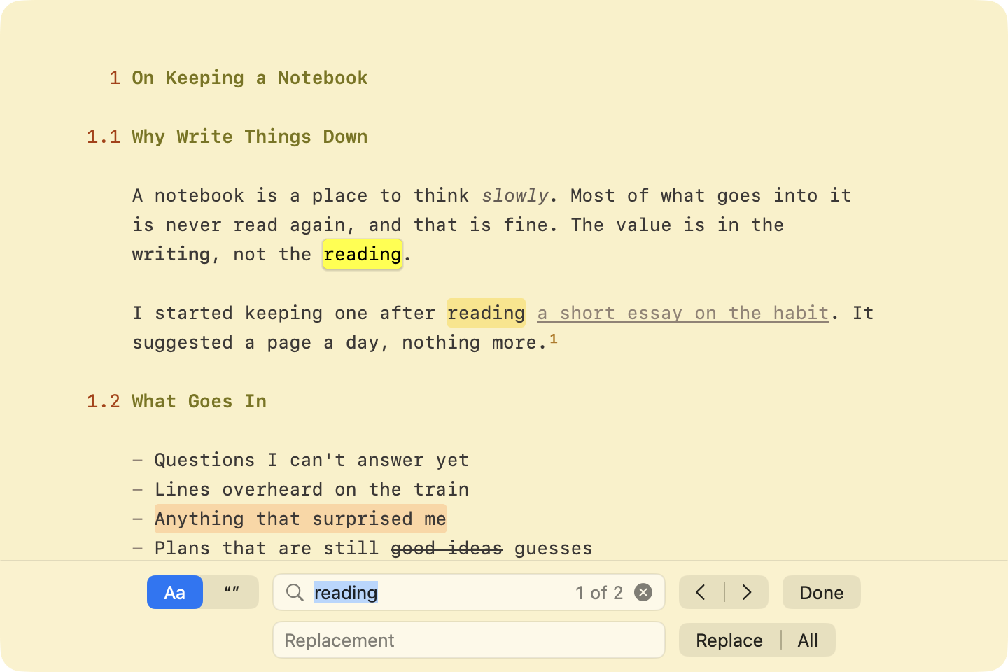 The find bar searching for a word, its matches highlighted